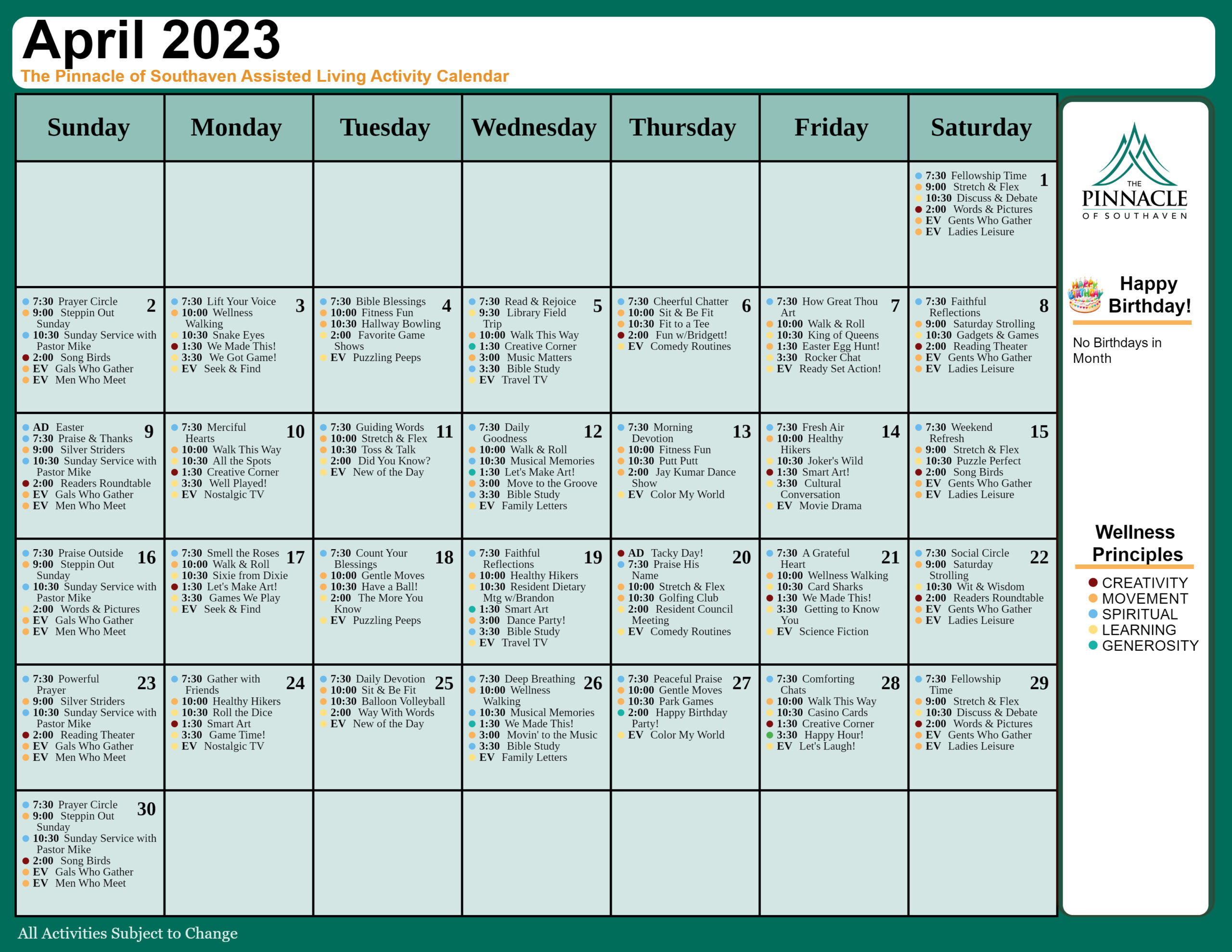 The Pinnacle of Southaven - Assisted Living and Memory Care - April Events Assisted Living Calendar