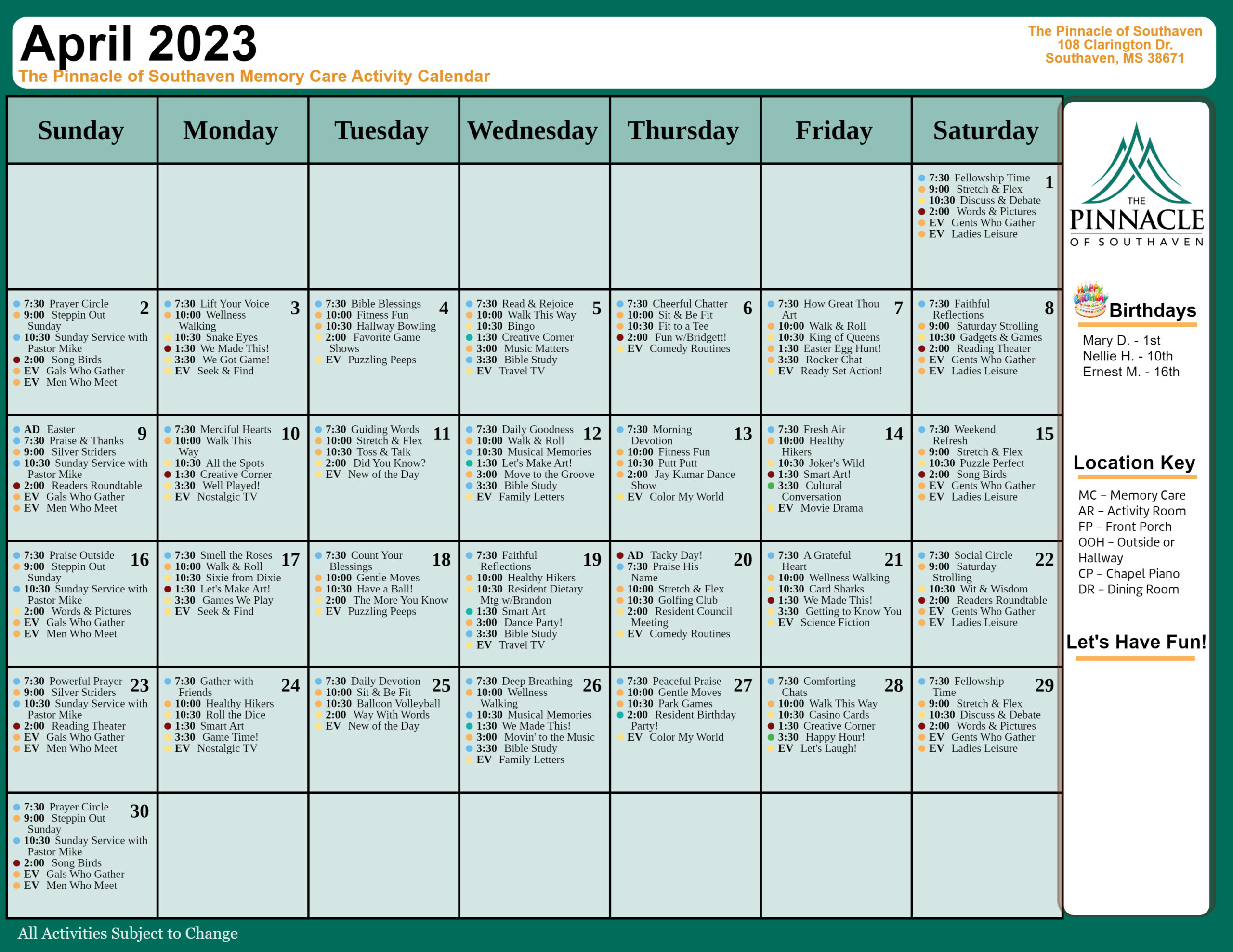 The Pinnacle of Southaven - Assisted Living and Memory Care - April Events Memory Care Calendar