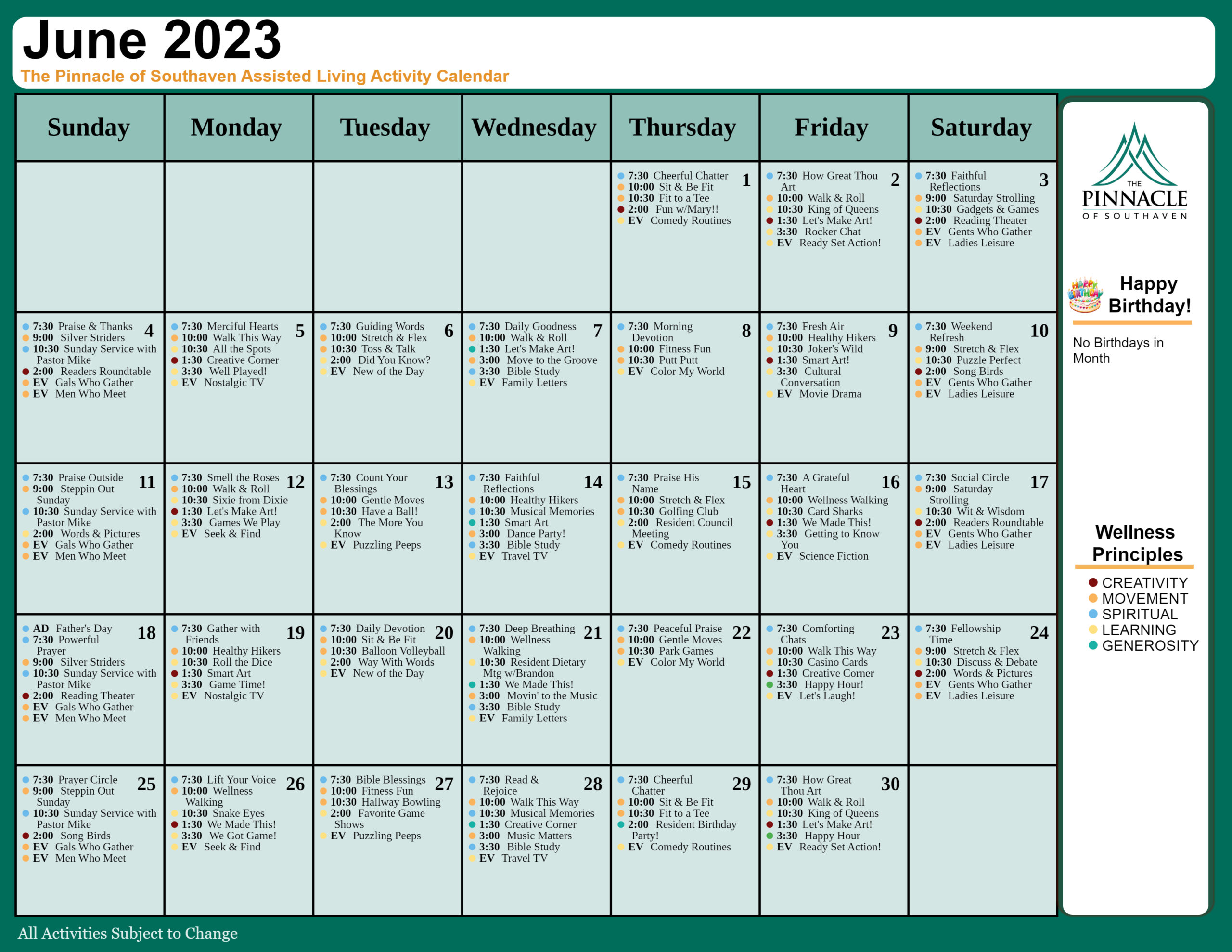 The Pinnacle of Southaven - Assisted Living and Memory Care - Events Assisted Living Calendar
