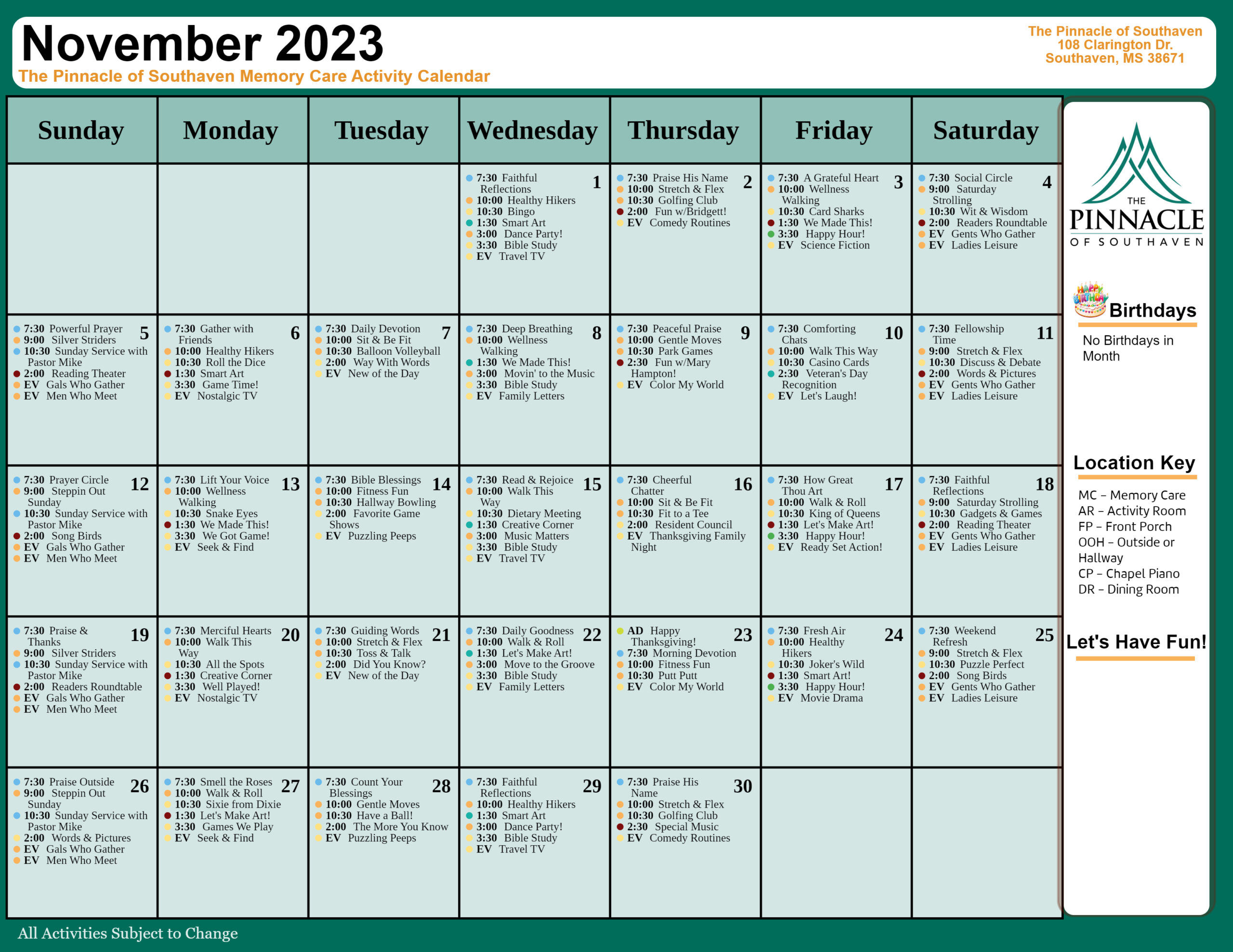 The Pinnacle of Southaven - Assisted Living and Memory Care - Events Memory Care Calendar