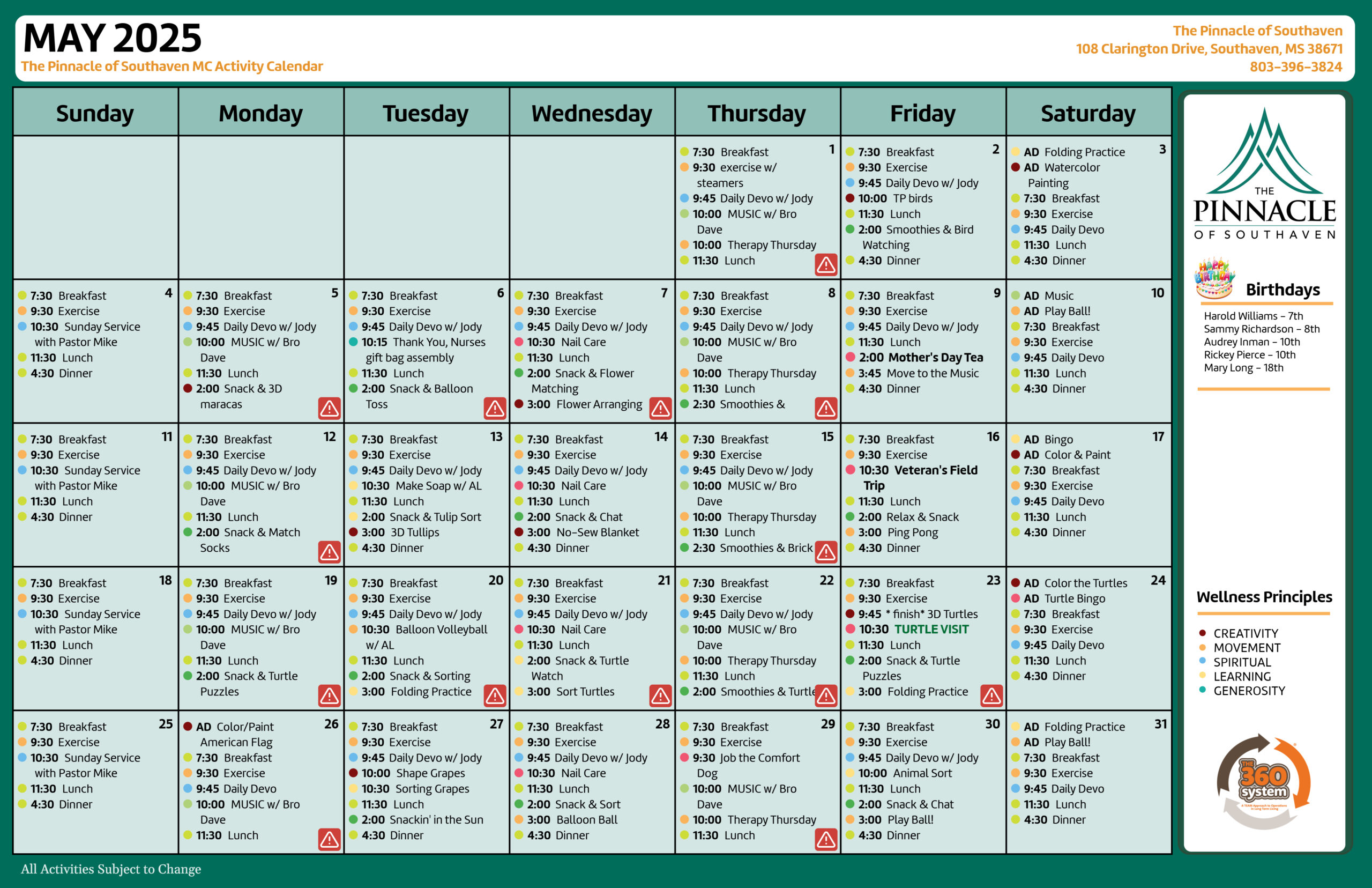 The Pinnacle of Southaven - Assisted Living and Memory Care - Events Memory Care Calendar
