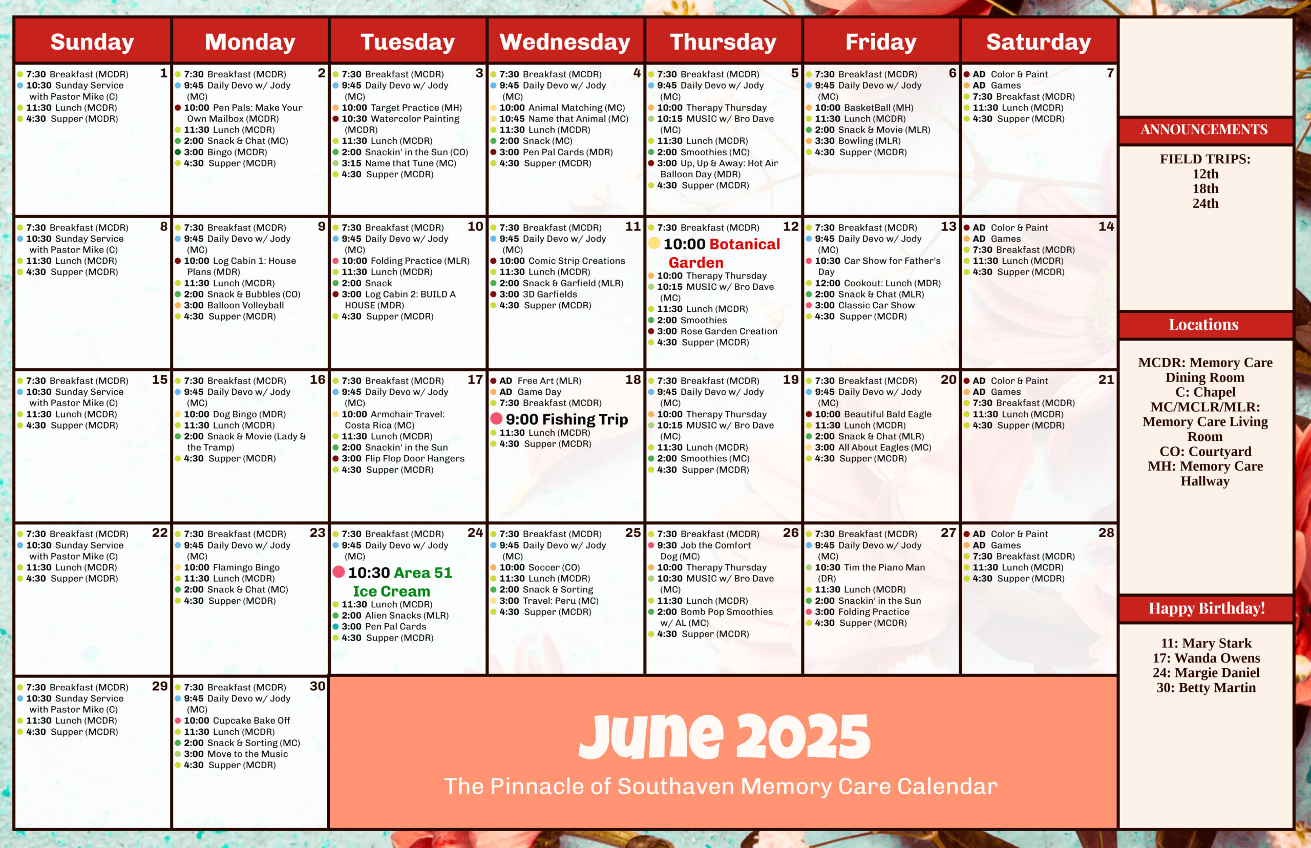 The Pinnacle of Southaven - Assisted Living and Memory Care - Events Memory Care Calendar