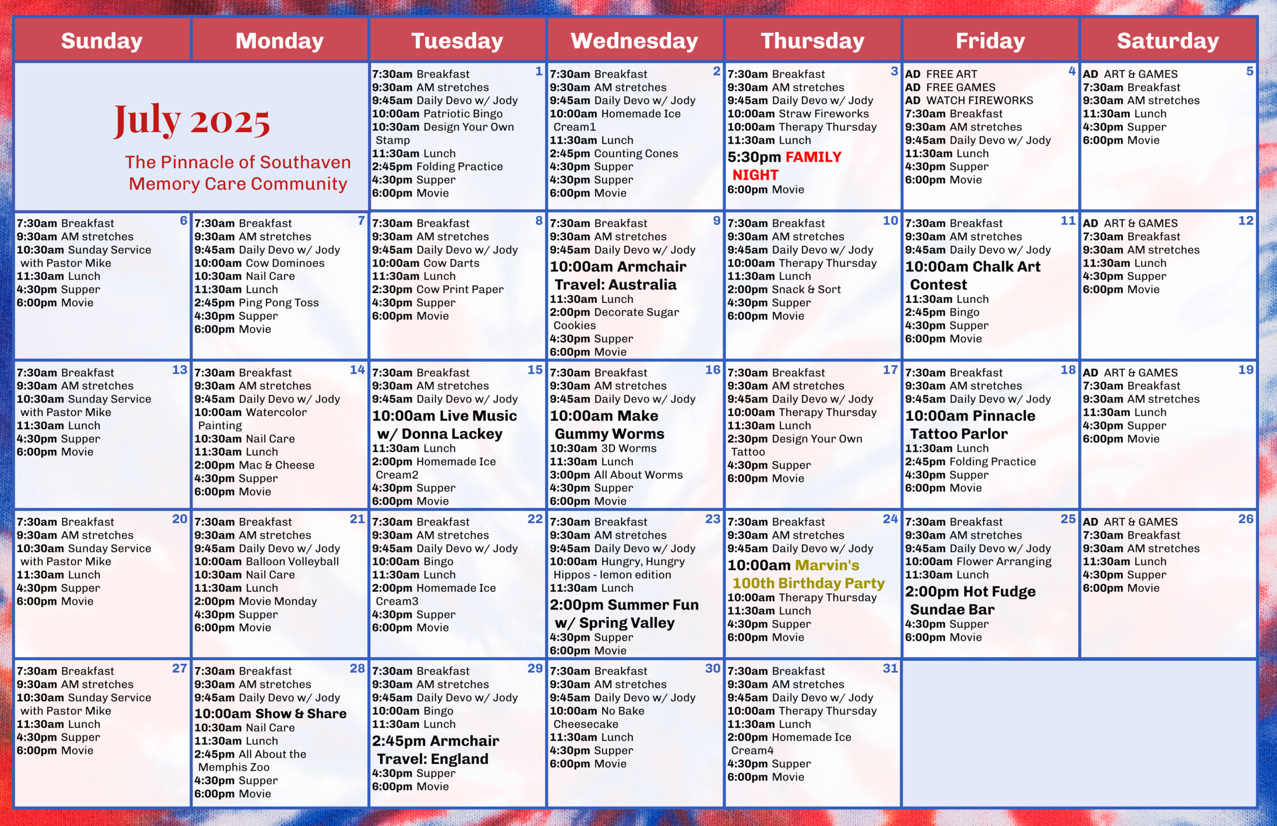 The Pinnacle of Southaven - Assisted Living and Memory Care - Events Memory Care Calendar