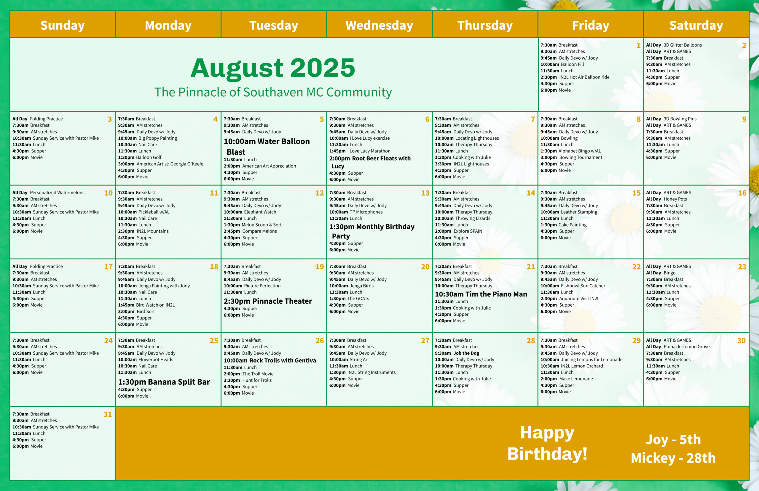The Pinnacle of Southaven - Assisted Living and Memory Care - Events Memory Care Calendar