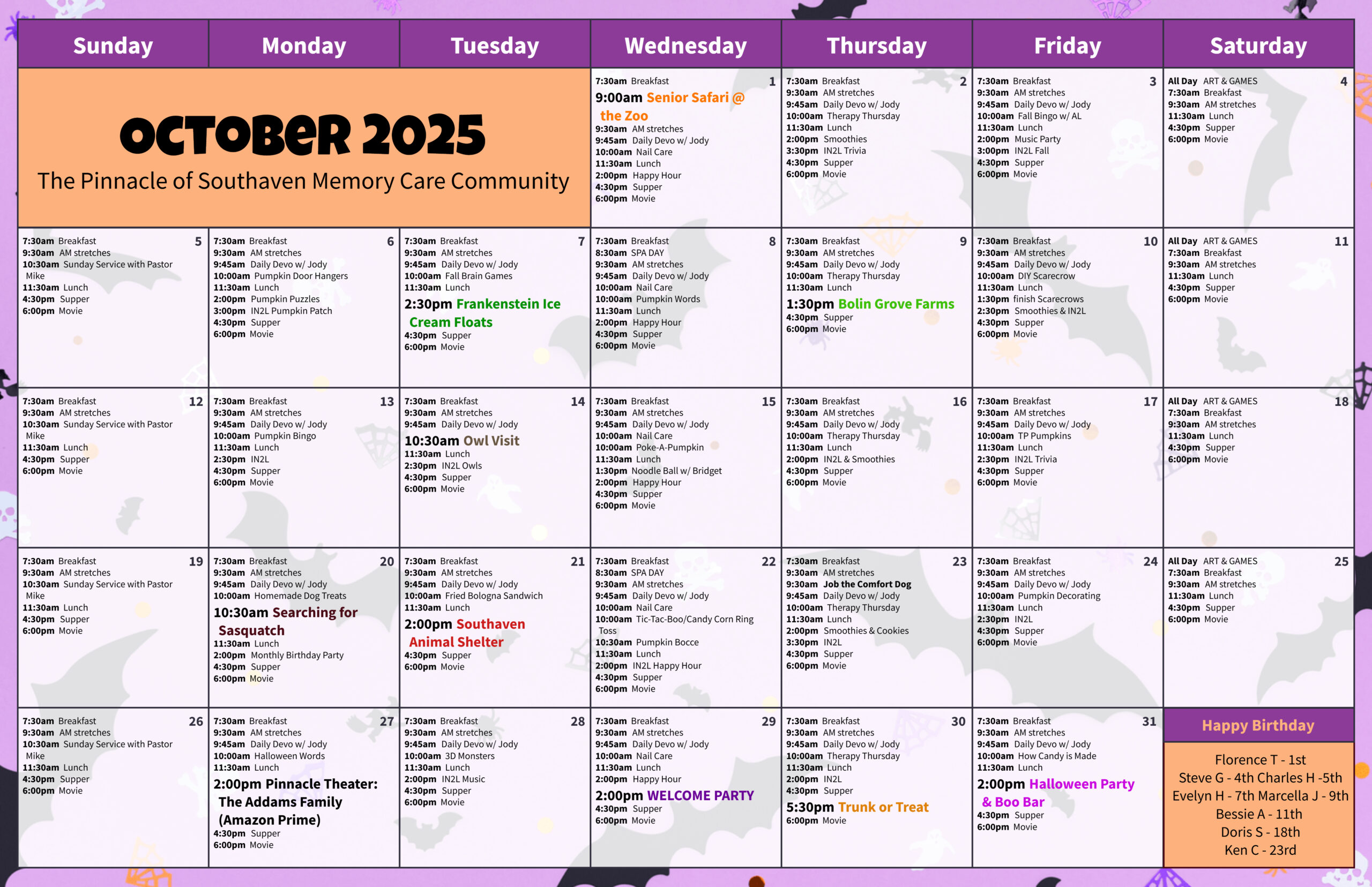 The Pinnacle of Southaven - Assisted Living and Memory Care - Events Memory Care Calendar